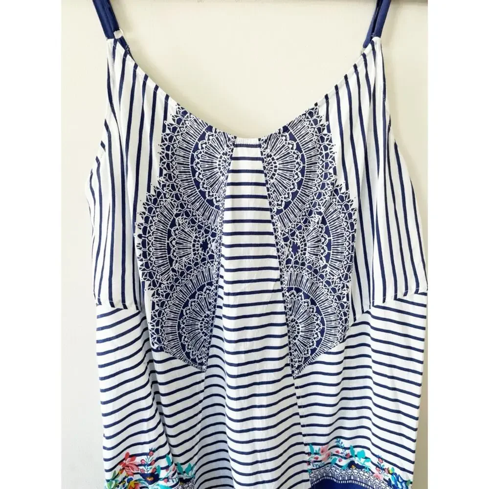CAbi Navy and White Striped Cami with Floral Hem Size Medium EUC
